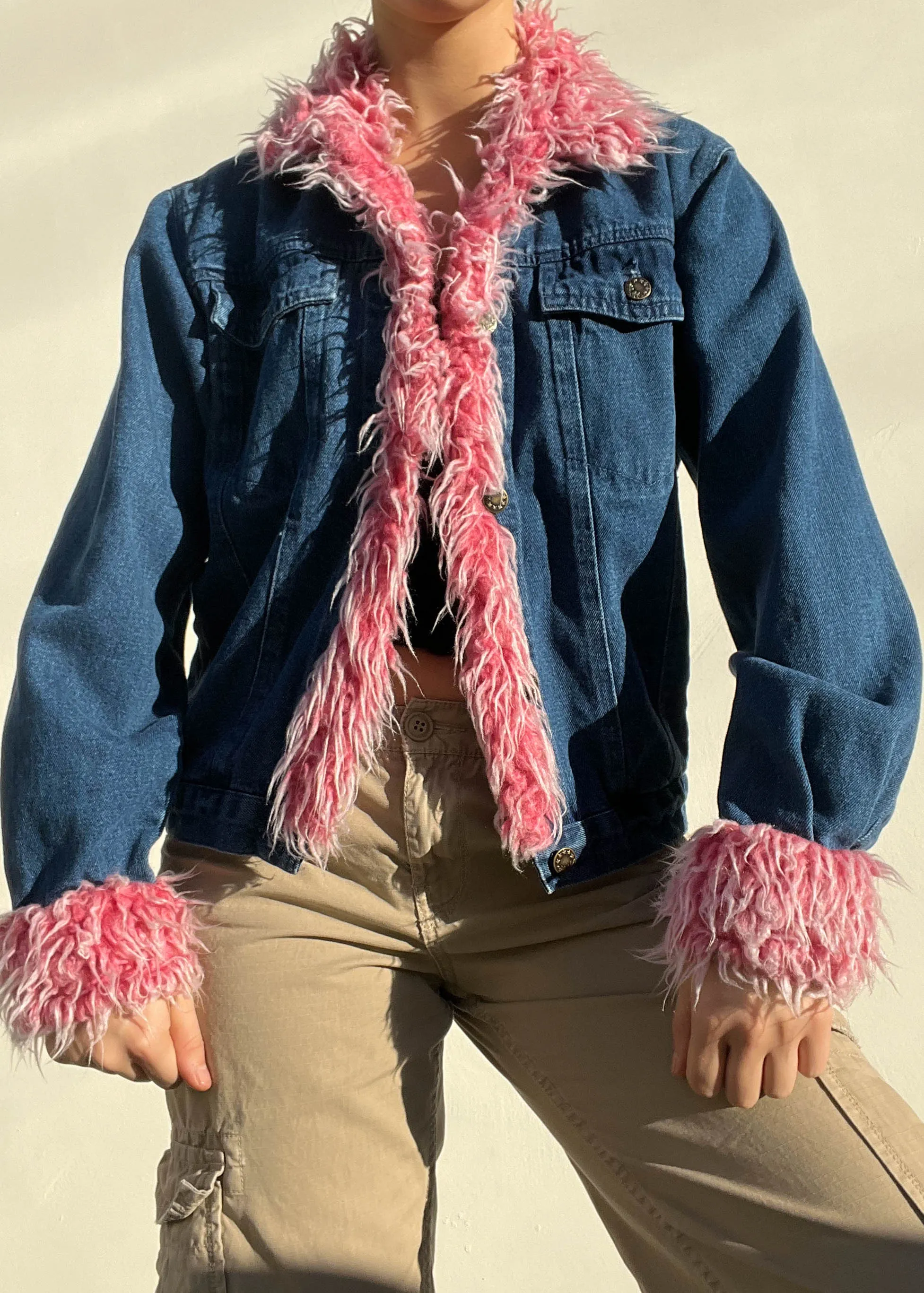 Y2k Pink Fur Trim Denim Jacket (S)