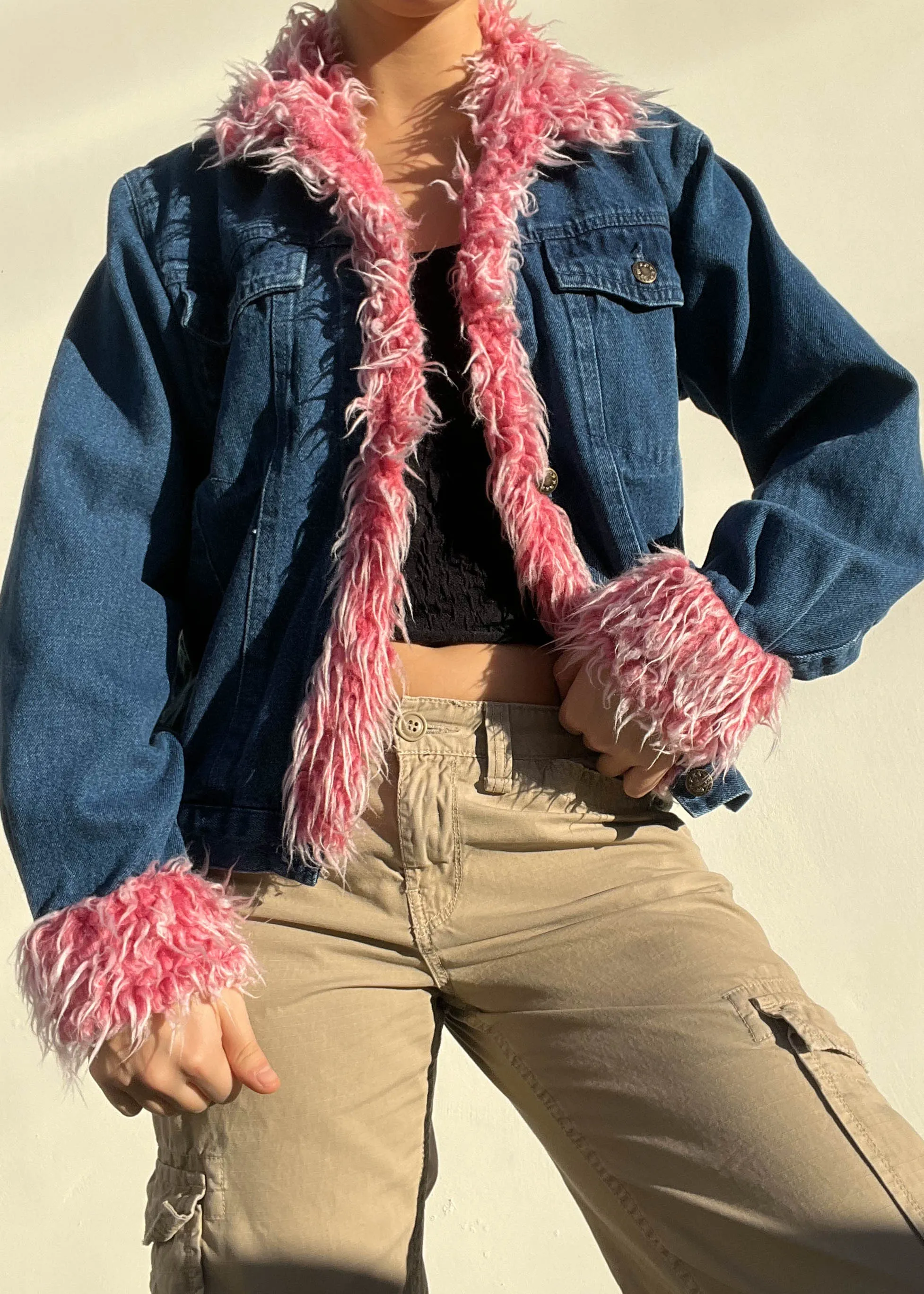 Y2k Pink Fur Trim Denim Jacket (S)