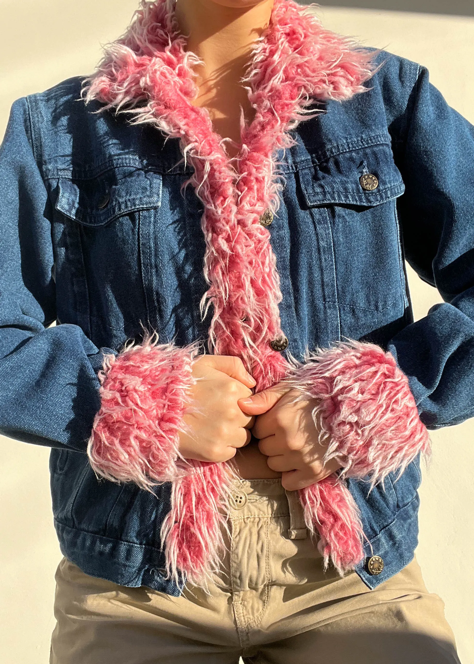 Y2k Pink Fur Trim Denim Jacket (S)