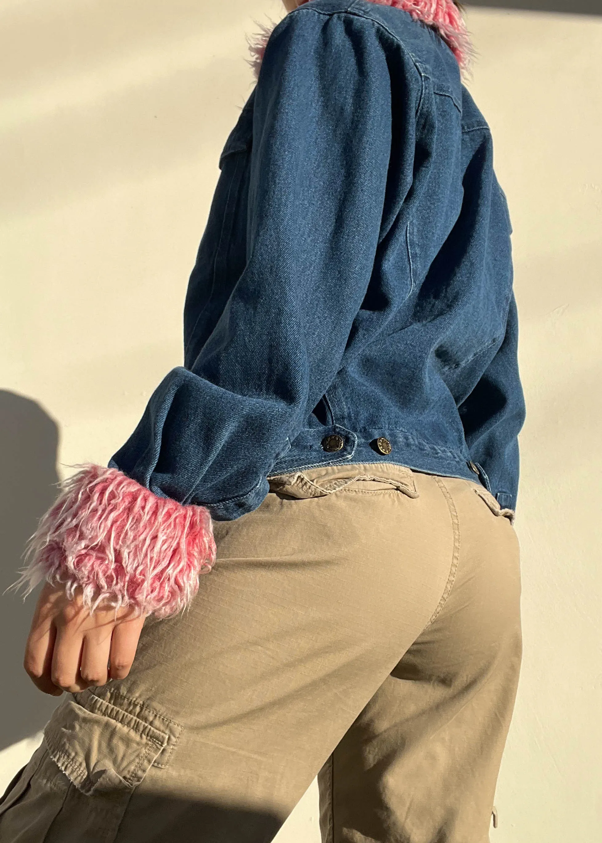 Y2k Pink Fur Trim Denim Jacket (S)