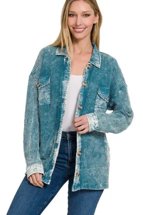 Zenana Cotton Waffle Acid Wash Womens Shacket 4Colors S-XL
