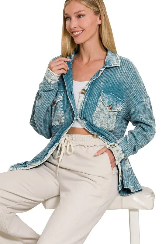 Zenana Cotton Waffle Acid Wash Womens Shacket 4Colors S-XL