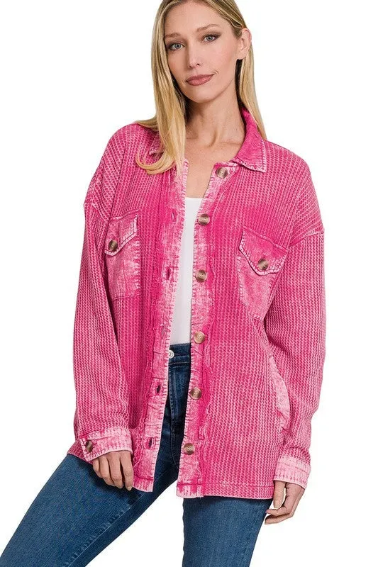 Zenana Cotton Waffle Acid Wash Womens Shacket 4Colors S-XL