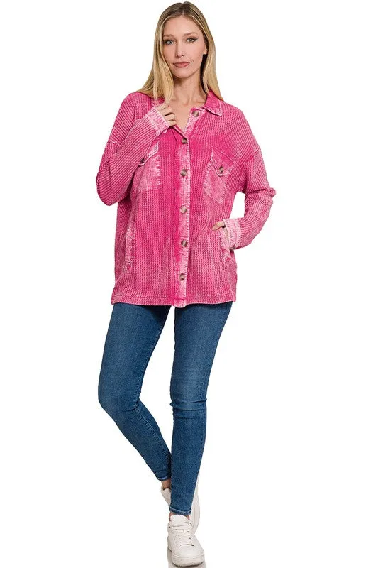 Zenana Cotton Waffle Acid Wash Womens Shacket 4Colors S-XL