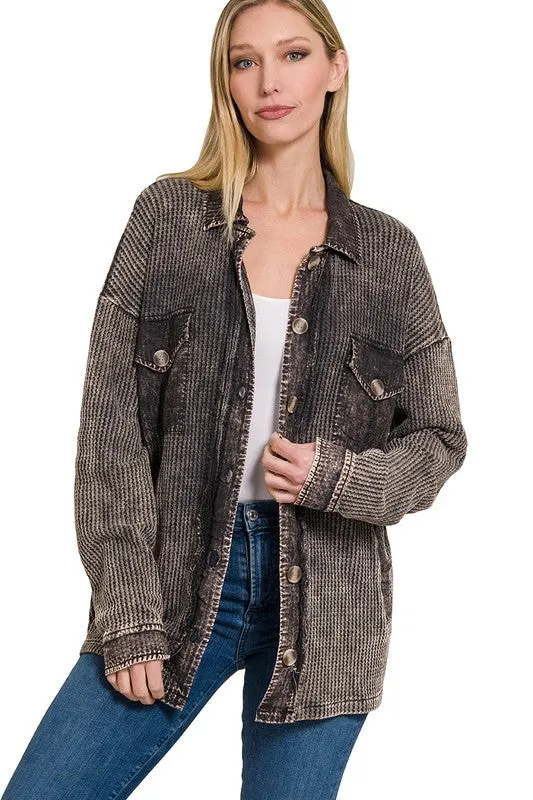 Zenana Cotton Waffle Acid Wash Womens Shacket 4Colors S-XL