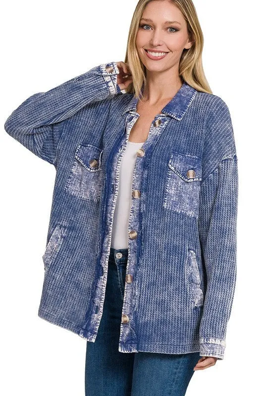 Zenana Cotton Waffle Acid Wash Womens Shacket 4Colors S-XL