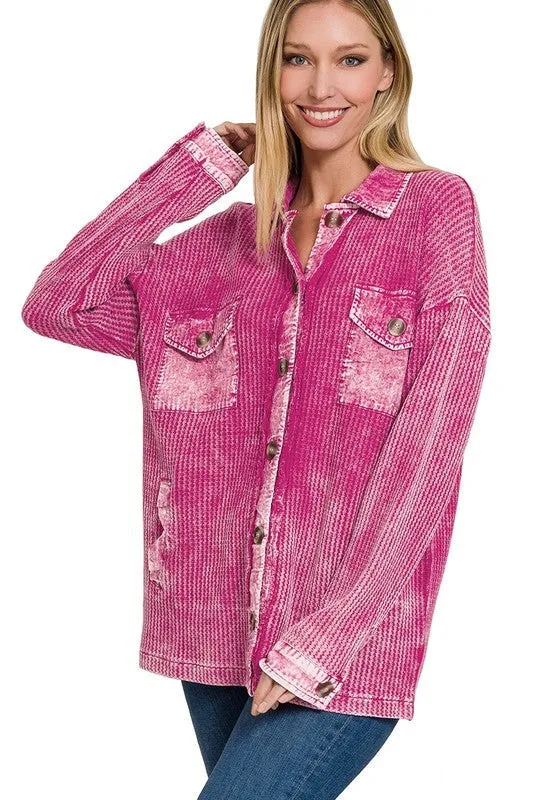 Zenana Cotton Waffle Acid Wash Womens Shacket 4Colors S-XL