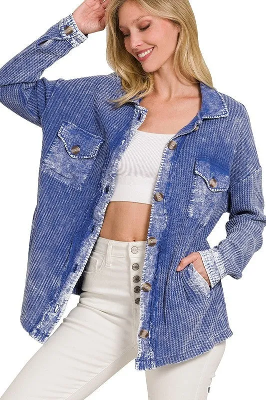 Zenana Cotton Waffle Acid Wash Womens Shacket 4Colors S-XL