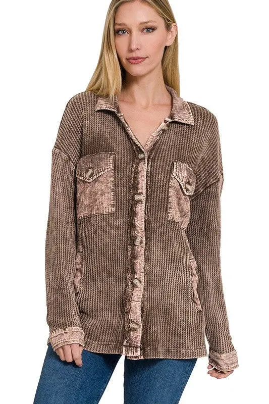 Zenana Cotton Waffle Acid Wash Womens Shacket 4Colors S-XL