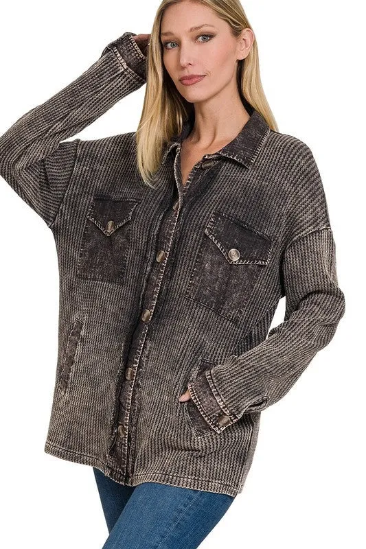 Zenana Cotton Waffle Acid Wash Womens Shacket 4Colors S-XL