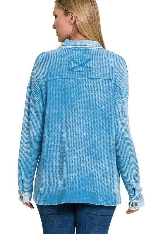 Zenana Cotton Waffle Acid Wash Womens Shacket 4Colors S-XL