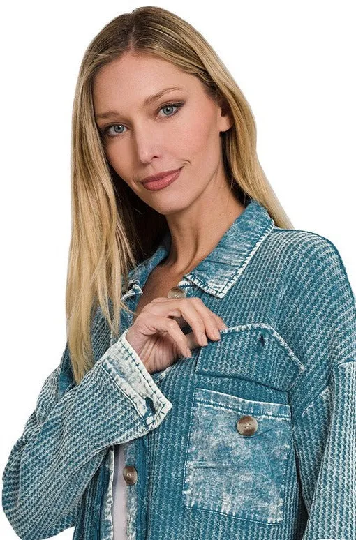 Zenana Cotton Waffle Acid Wash Womens Shacket 4Colors S-XL