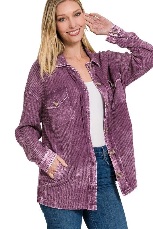 Zenana Cotton Waffle Acid Wash Womens Shacket 4Colors S-XL
