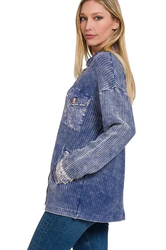 Zenana Cotton Waffle Acid Wash Womens Shacket 4Colors S-XL