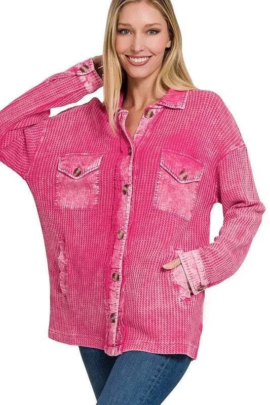 Zenana Cotton Waffle Acid Wash Womens Shacket 4Colors S-XL