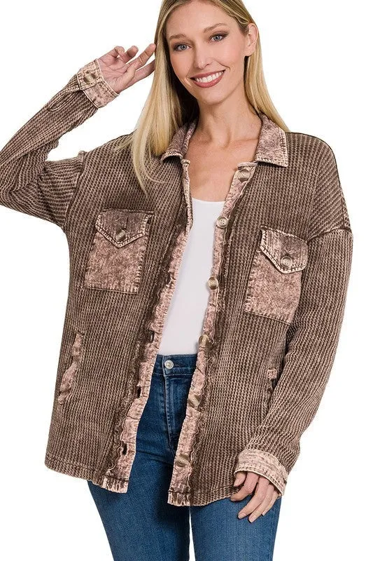 Zenana Cotton Waffle Acid Wash Womens Shacket 4Colors S-XL