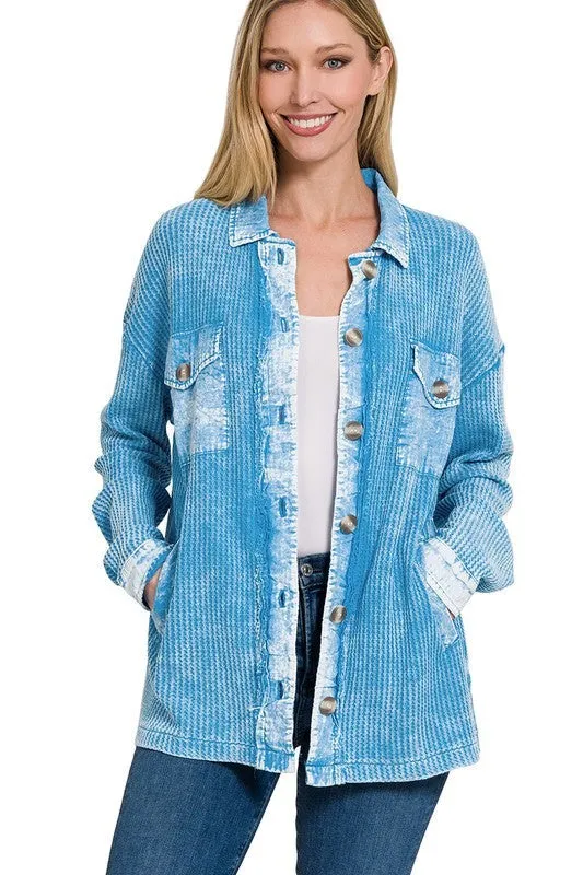 Zenana Cotton Waffle Acid Wash Womens Shacket 4Colors S-XL