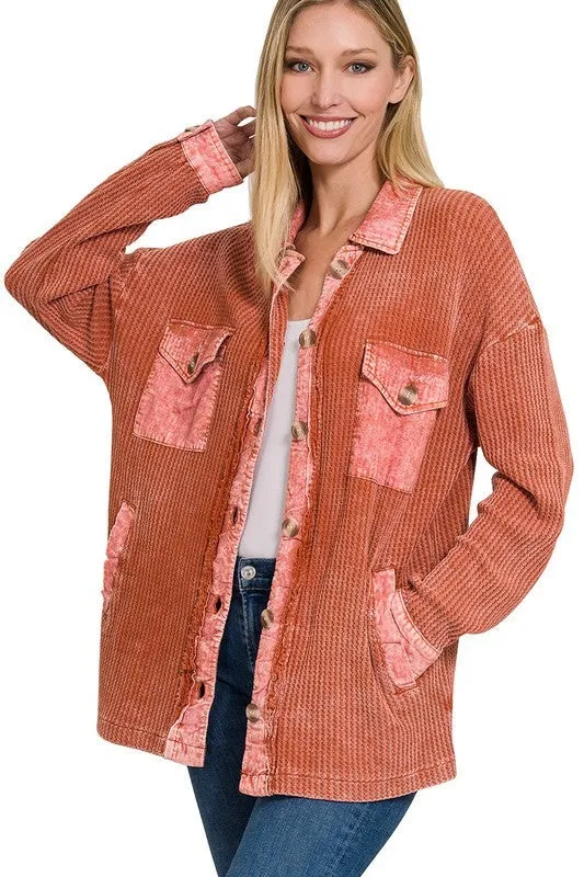 Zenana Cotton Waffle Acid Wash Womens Shacket 4Colors S-XL