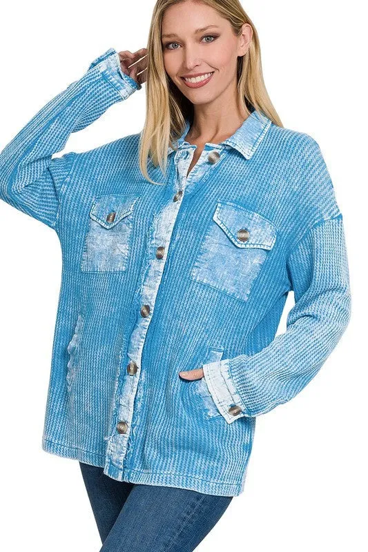 Zenana Cotton Waffle Acid Wash Womens Shacket 4Colors S-XL