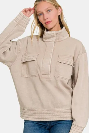 Zenana Sweatshirt USA Stock Mocha Acid Washed Half Snap Fleece Top