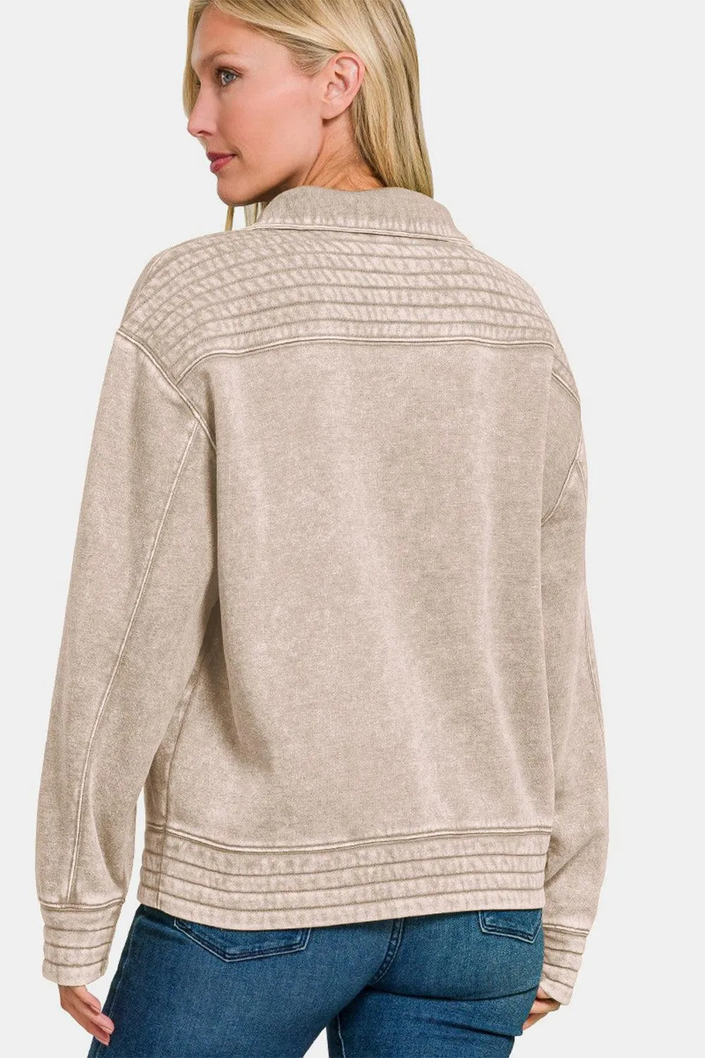 Zenana Sweatshirt USA Stock Mocha Acid Washed Half Snap Fleece Top