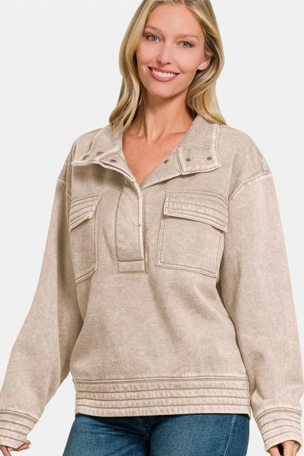 Zenana Sweatshirt USA Stock Mocha Acid Washed Half Snap Fleece Top